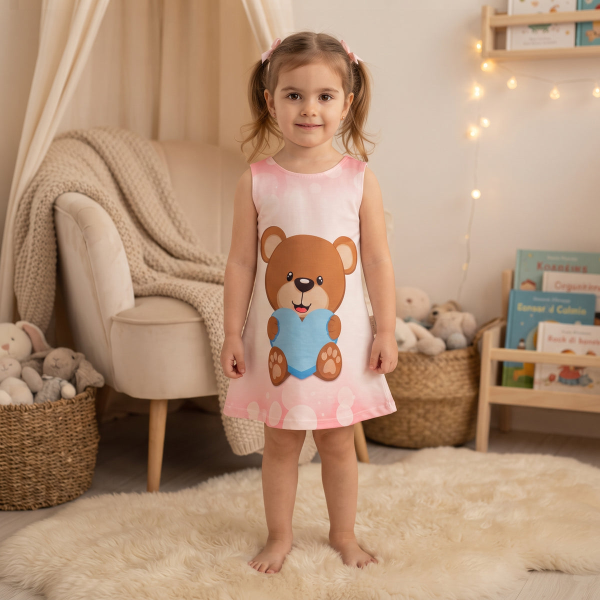 Robe fille portée sans manches, nounours brun tenant un cœur bleu sur fond blanc et rose