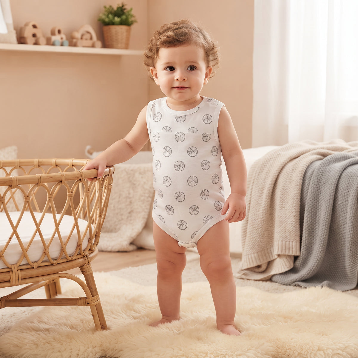 Body blanc bébé sans manches porté, petits ballons de basket sur le devant