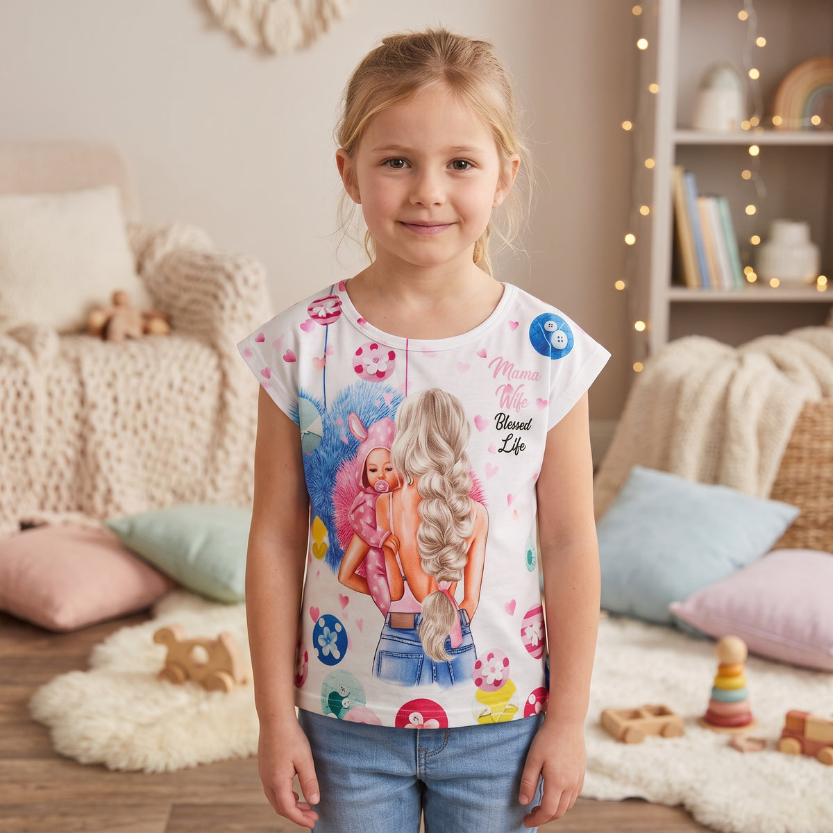 T-shirt fille Mama Life avec illustration maman et bébé et motifs multicolores, porté par une enfant