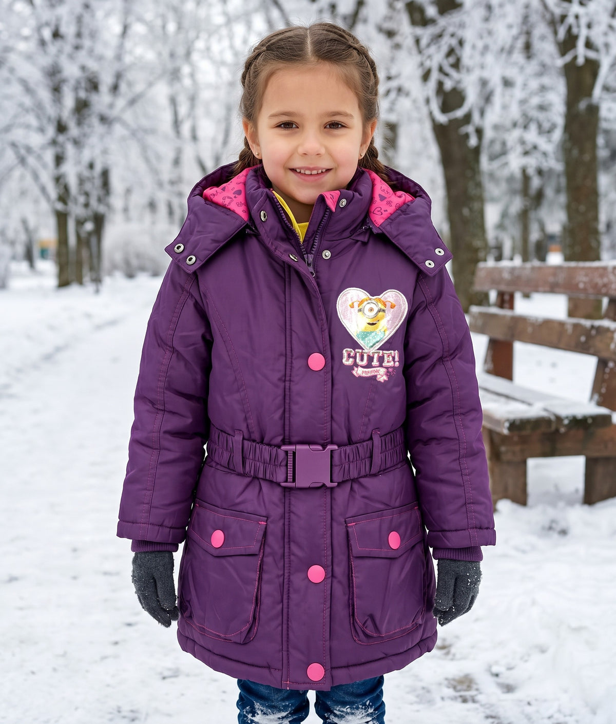 Doudoune fille Les Minions violette et rose avec capuche et ceinture 3-8 ans