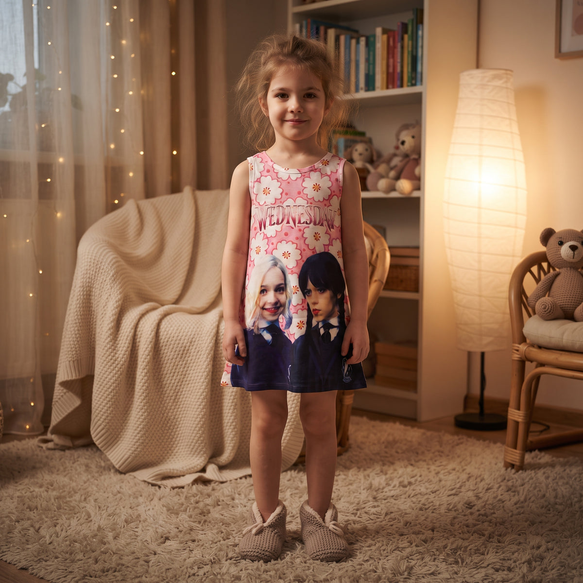 Robe fille rose fleurie Mercredi Addams et Enid portée, sans manches avec fleurs blanches