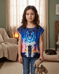 T-shirt fille lion bleu et panthère noire sur fond étoilé 4 à 12 ans