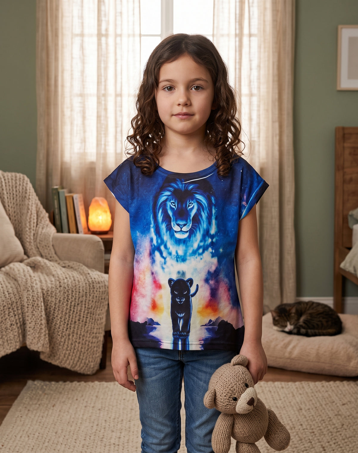 T-shirt fille lion bleu et panthère noire sur fond étoilé 4 à 12 ans