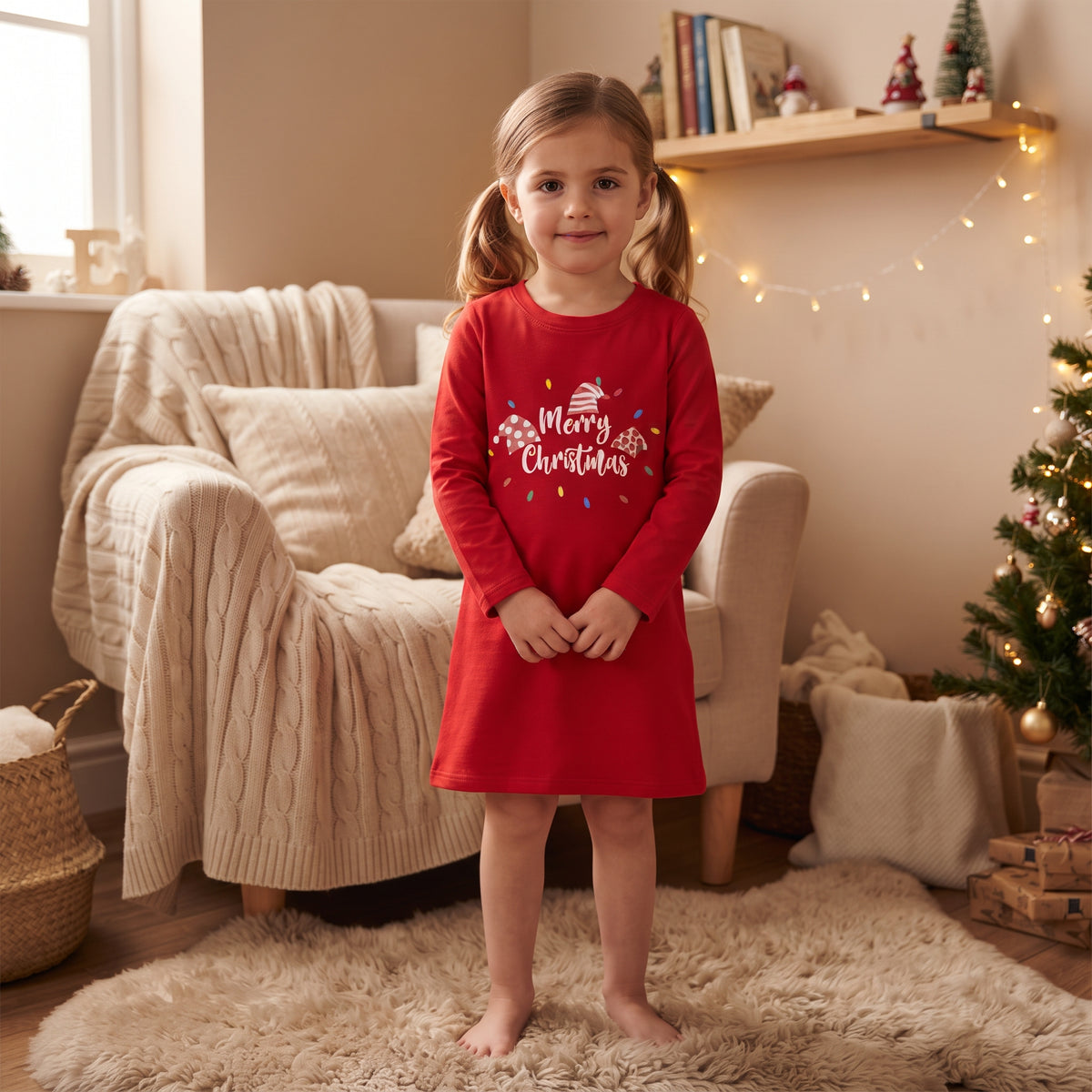 Robe fille rouge Merry Christmas à bonnets de Noël, manches longues 2-12 ans