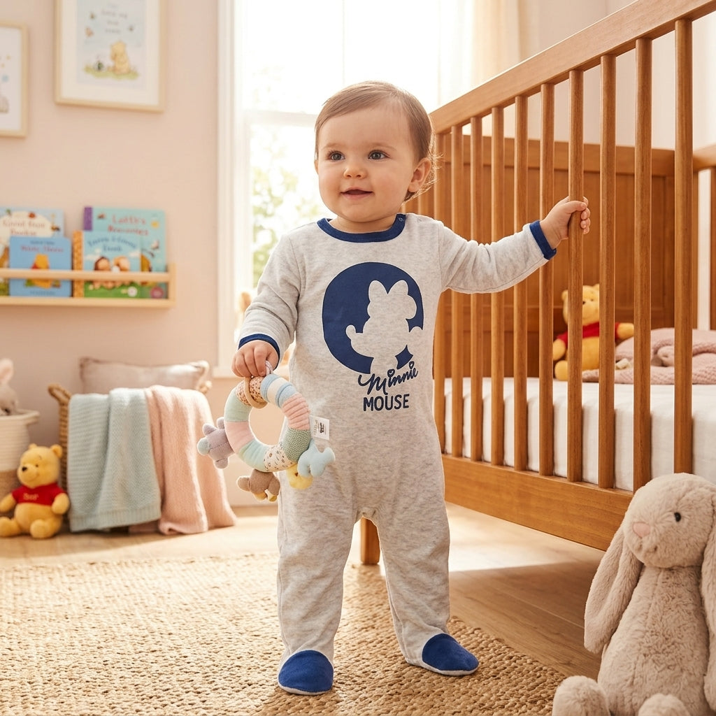 Bébé portant un pyjama Disney Minnie gris chiné à finitions bleu marine et pieds fermés dans une chambre lumineuse
