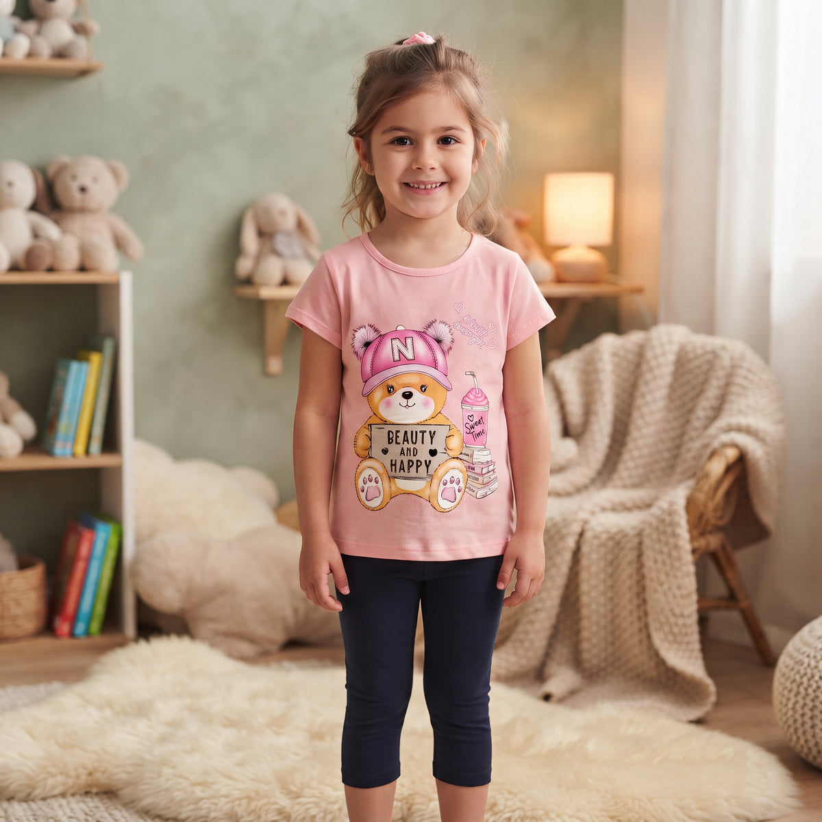 Ensemble fille Yoyo t-shirt rose nounours Beauty and Happy et legging 3/4 marine 3 à 6 ans