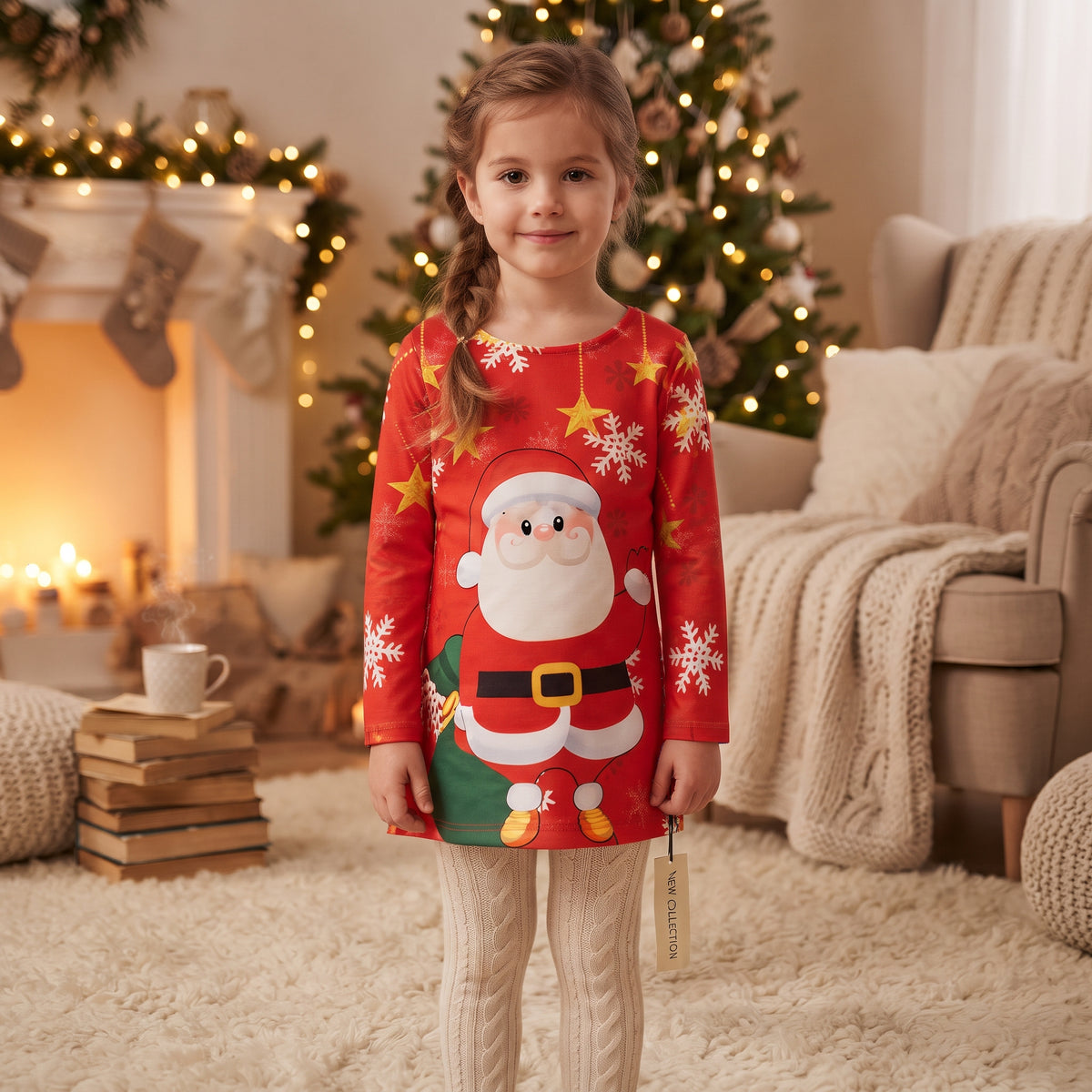 Tunique fille rouge de Noël portée, Père Noël avec sac vert, étoiles jaunes et flocons blancs
