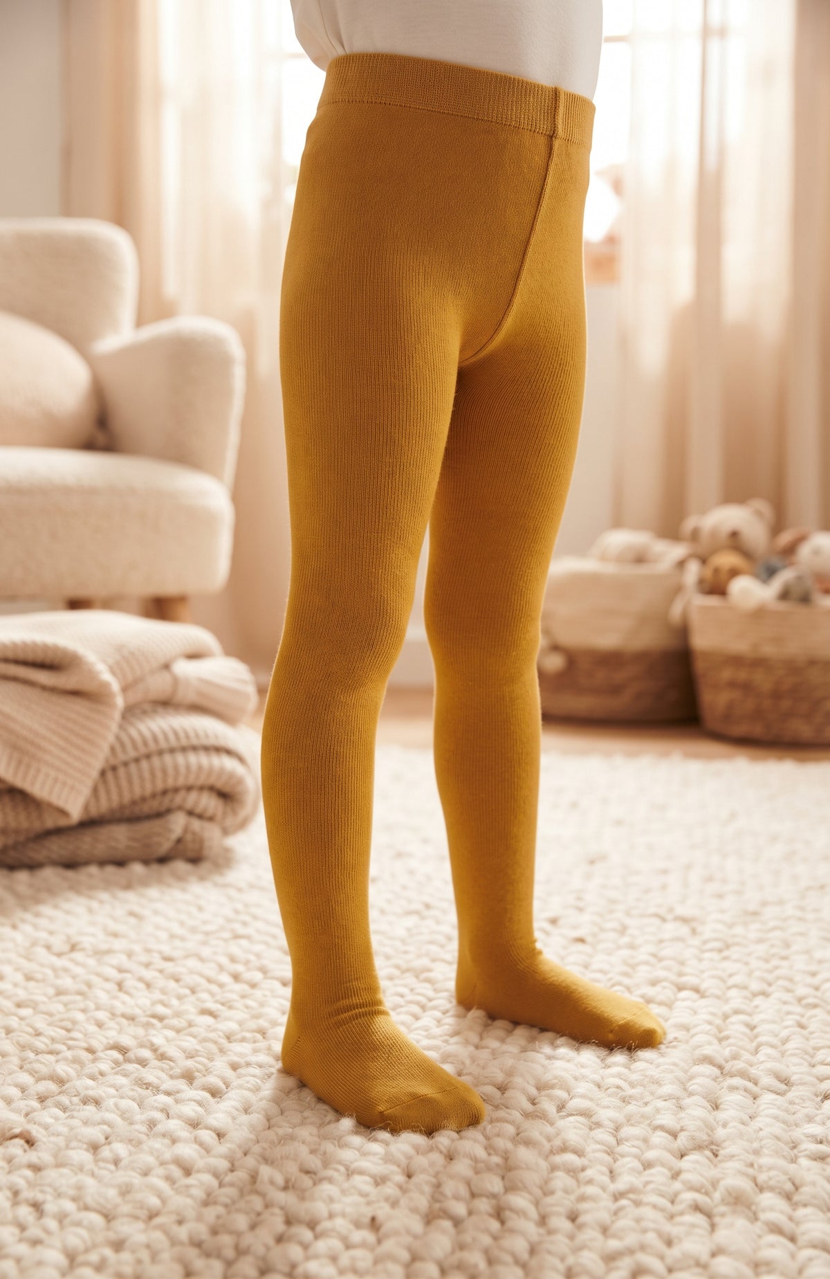 Collants jaune moutarde unis pour enfant présentés portés avec pieds