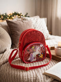 Sac bandoulière rouge pailleté fille, licorne pastel et poche à confettis 19 x 23 cm