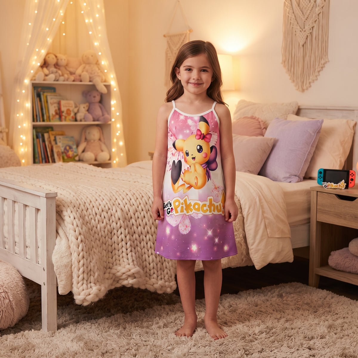 Nuisette fille Pikachu portée, fines bretelles blanches, motif rose et violet étoilé avec nœud rouge imprimé