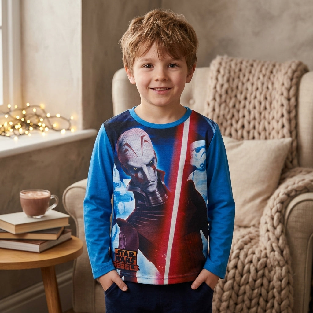 Garçon portant un t-shirt Star Wars Rebels bleu à manches longues avec le Grand Inquisiteur, des Stormtroopers et un sabre laser rouge