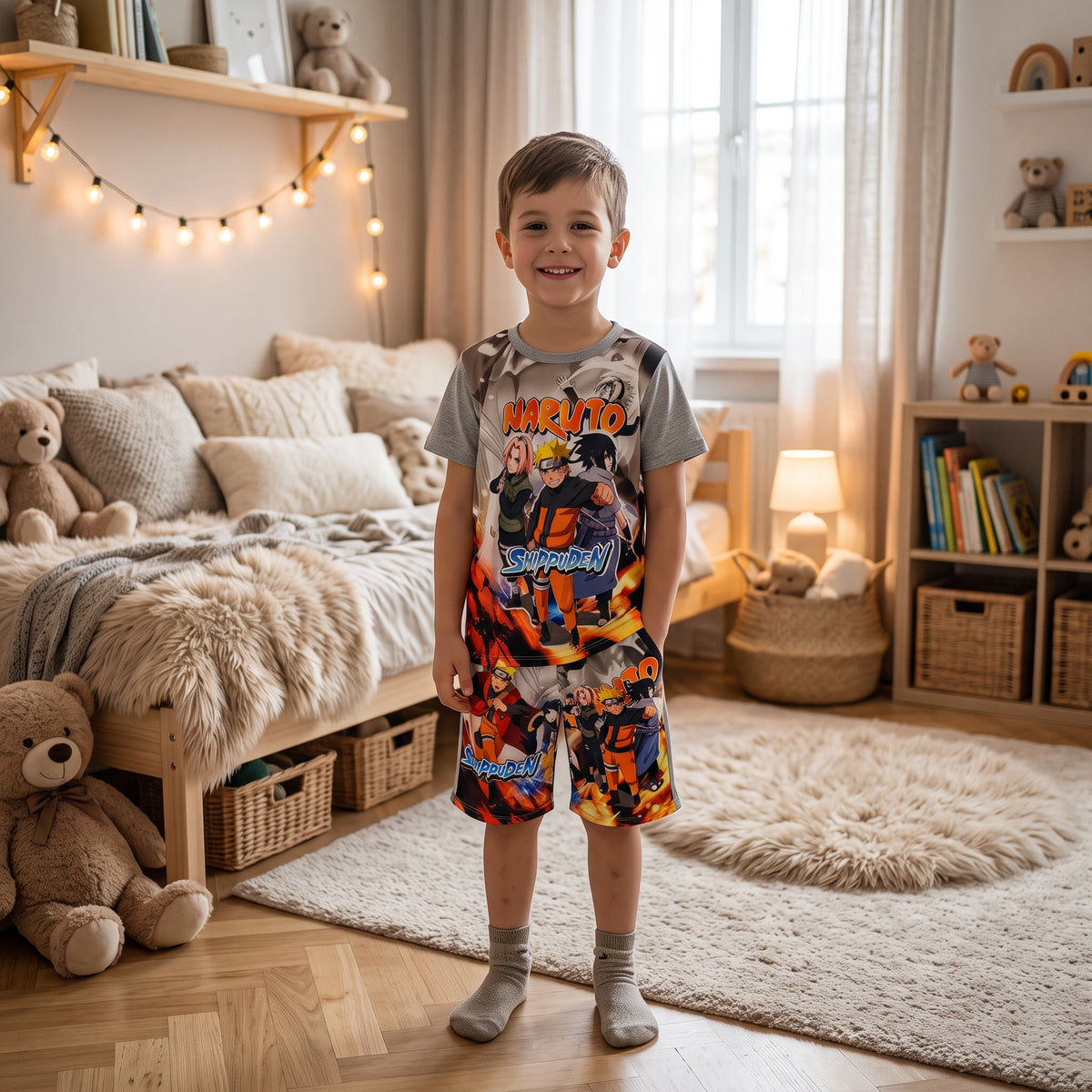 Ensemble garçon Naruto Shippuden avec t-shirt et short, gris chiné et motifs orange 4 à 14 ans