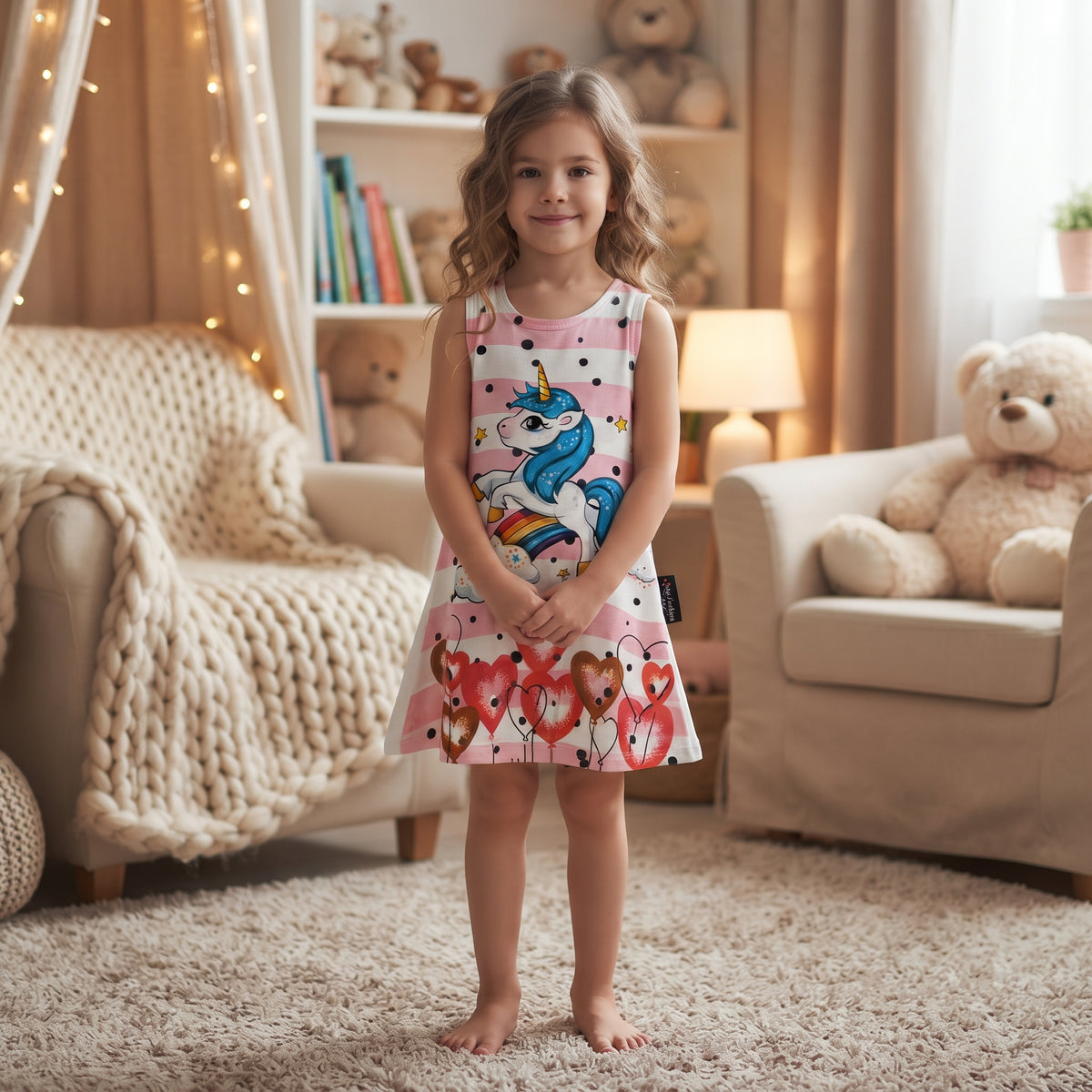 Robe fille licorne portée, rayures roses et blanches, pois noirs, crinière bleue et ballons cœur