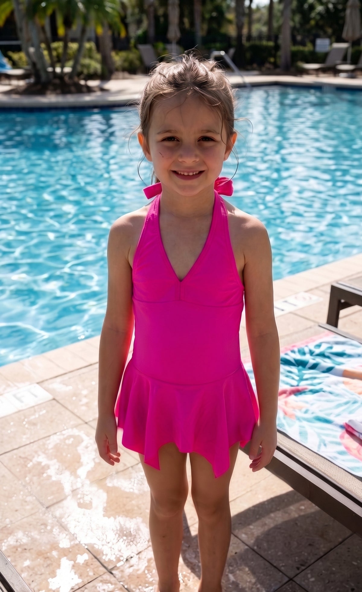 Maillot de Bain 1 Piece Fille Rose Fuchsia Volants Jupette 5 a 10 ans Neuf
