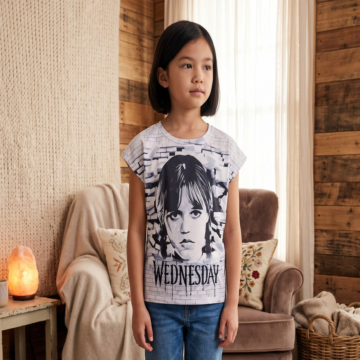 T-shirt fille Wednesday noir et blanc avec portrait de Mercredi Addams et décor effet mur de briques