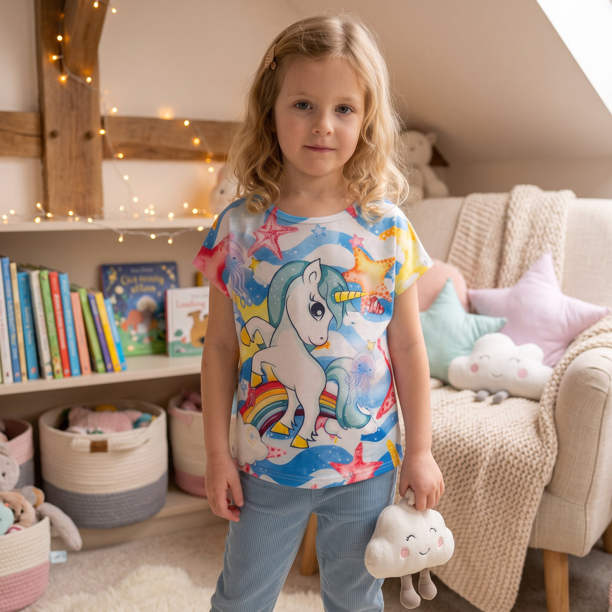 T-shirt fille licorne à crinière bleue, arc-en-ciel et motifs marins 4 à 10 ans