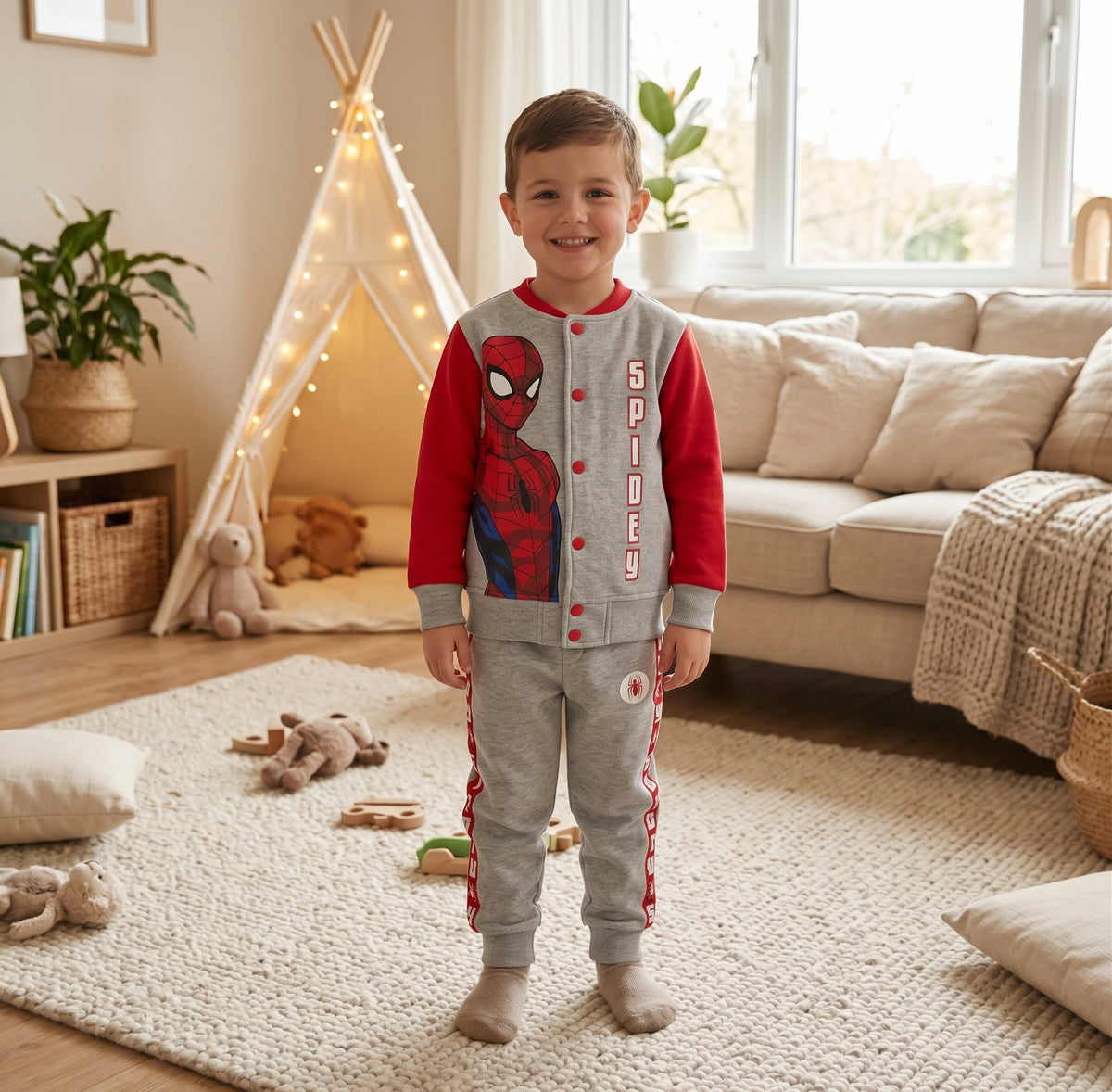 Ensemble garçon Spider-Man gris et rouge avec veste à pressions et pantalon jogger, porté par un enfant