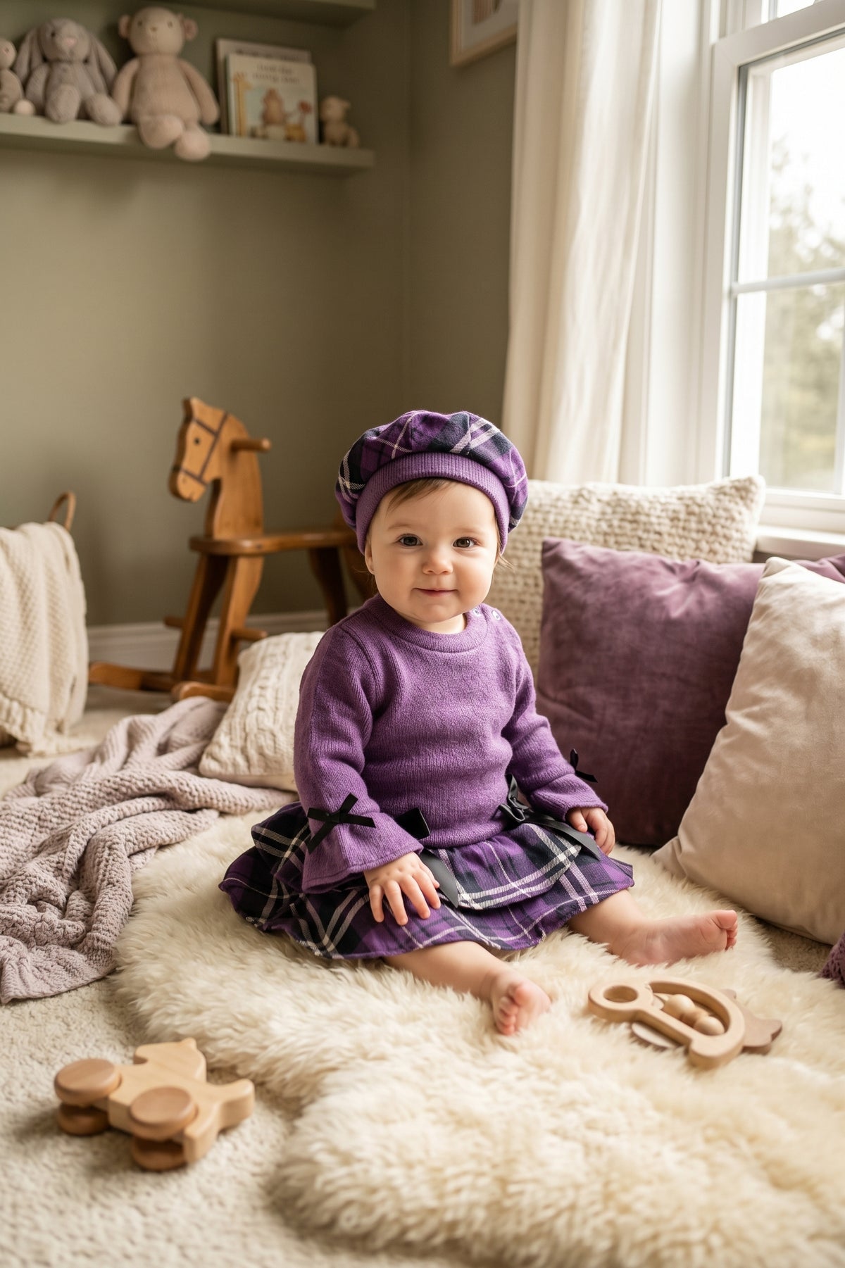Robe bébé fille violette en maille, jupe tartan à volants et béret assorti 3m-3ans