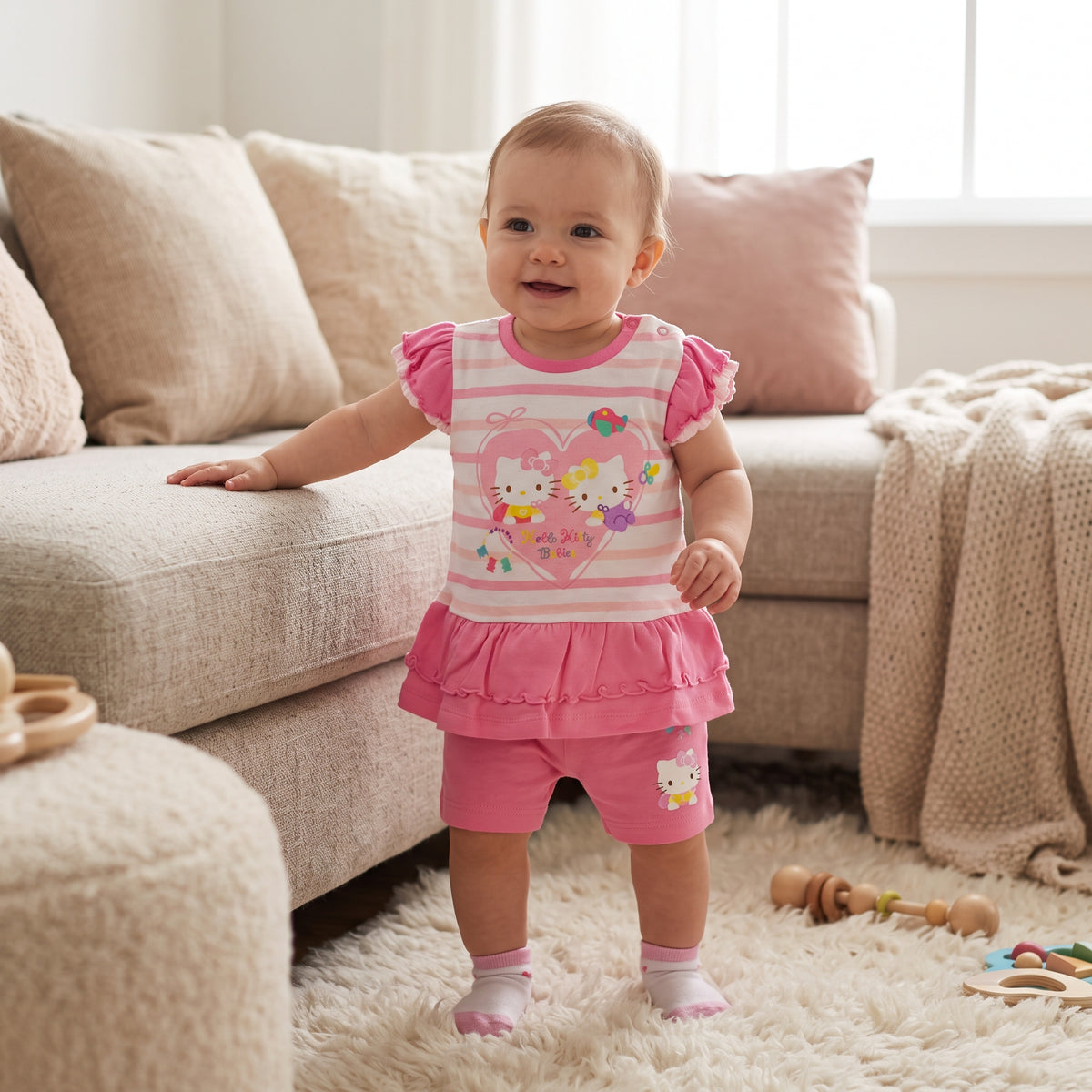 Ensemble bébé fille Hello Kitty porté, tunique rayée rose à volants et short rose assorti