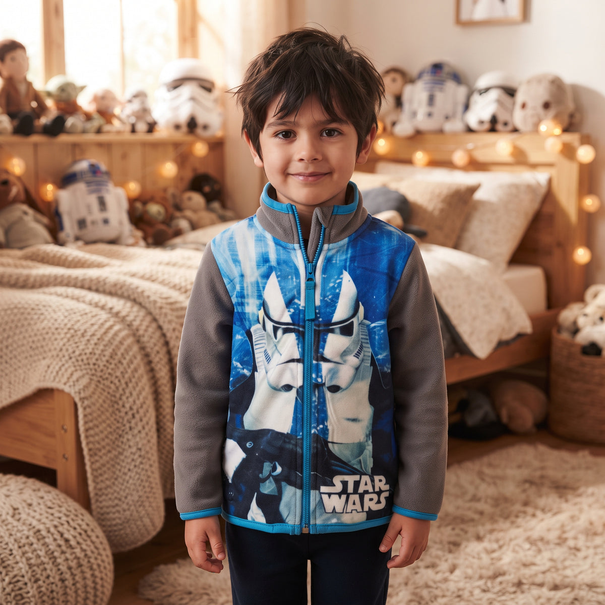 Veste polaire garçon Star Wars portée, devant bleu imprimé soldat casqué, manches grises et zip turquoise