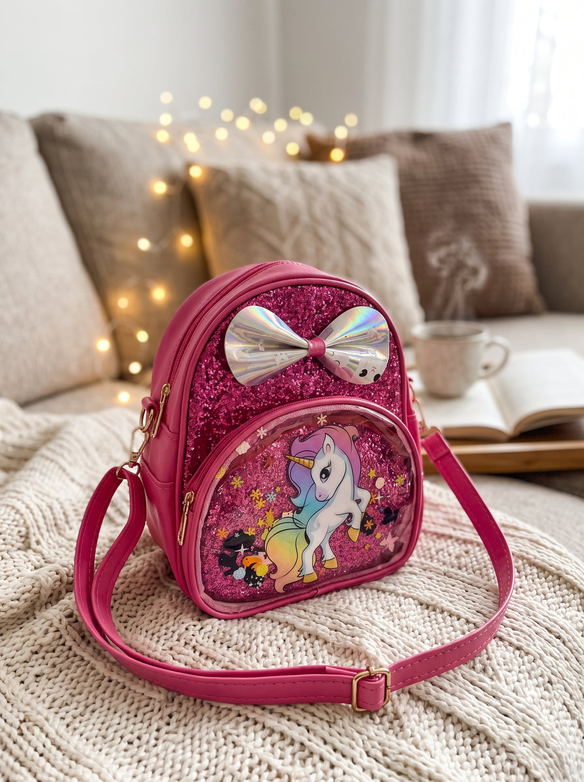 Petit sac fille rose fuchsia pailleté à licorne avec nœud irisé 19 x 23 cm