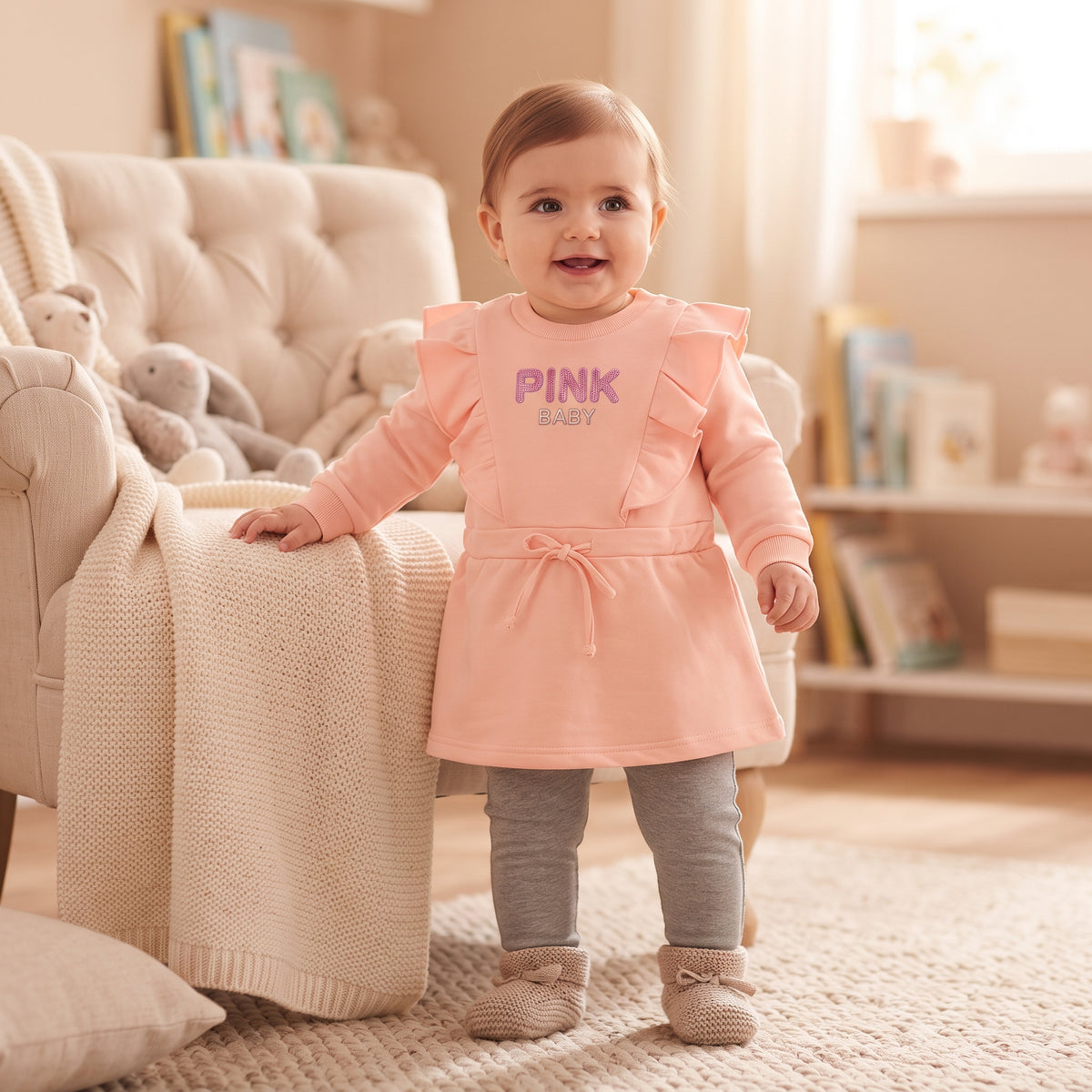 Ensemble bébé fille Pink Baby porté, tunique rose saumon à volants et lien à nouer avec legging gris chiné