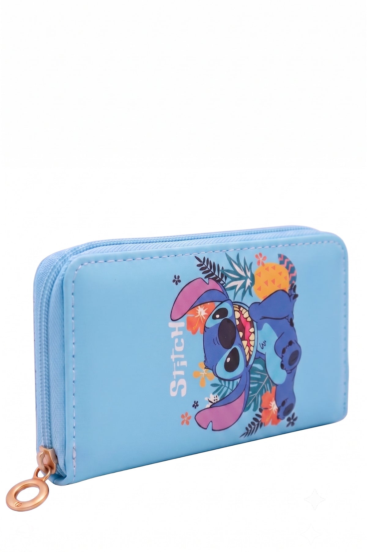 Grand Portefeuille Fille Stitch Tropical Ananas Feuilles Bleu Ciel Simili Cuir 19x10cm Neuf