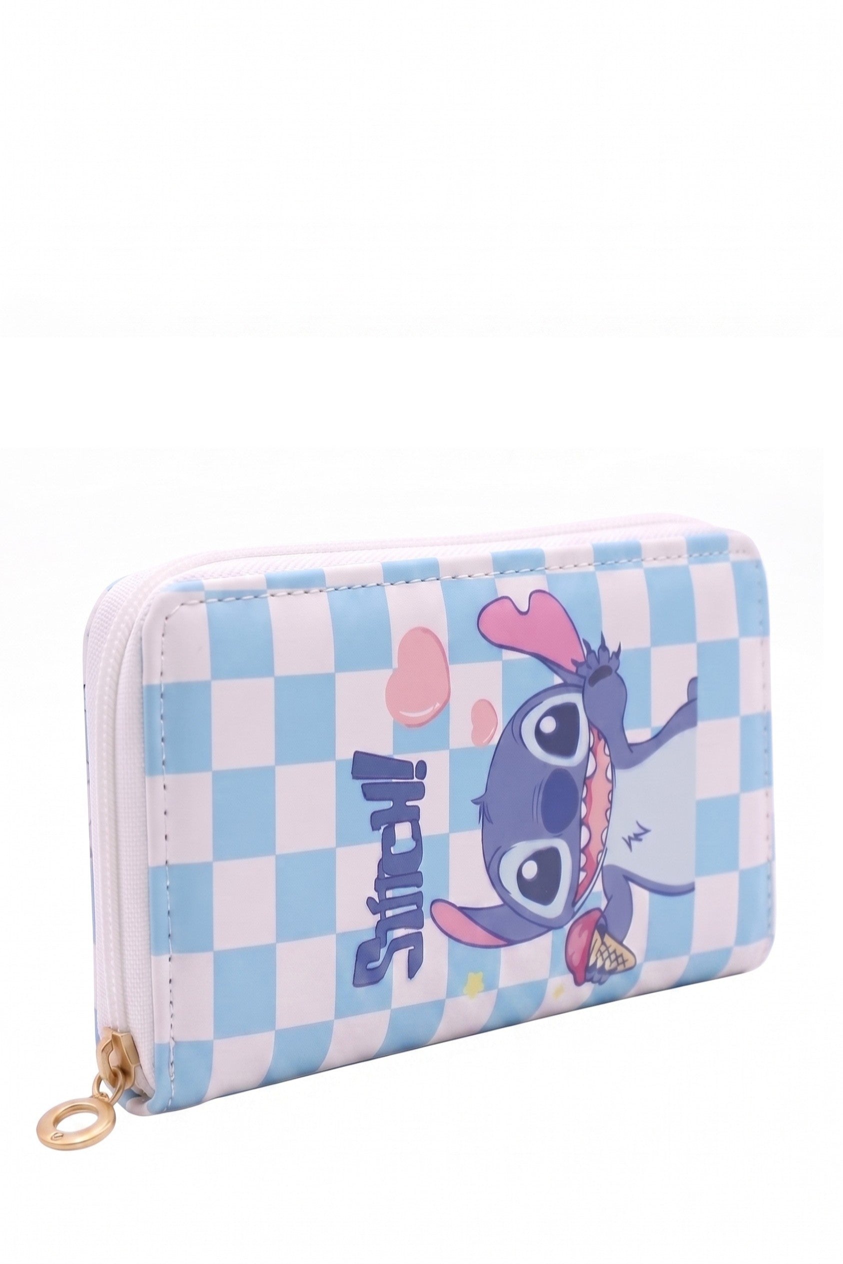 Grand Portefeuille Fille Stitch Glace Damier Bleu Blanc Coeurs Roses Simili Cuir 19x10cm Neuf