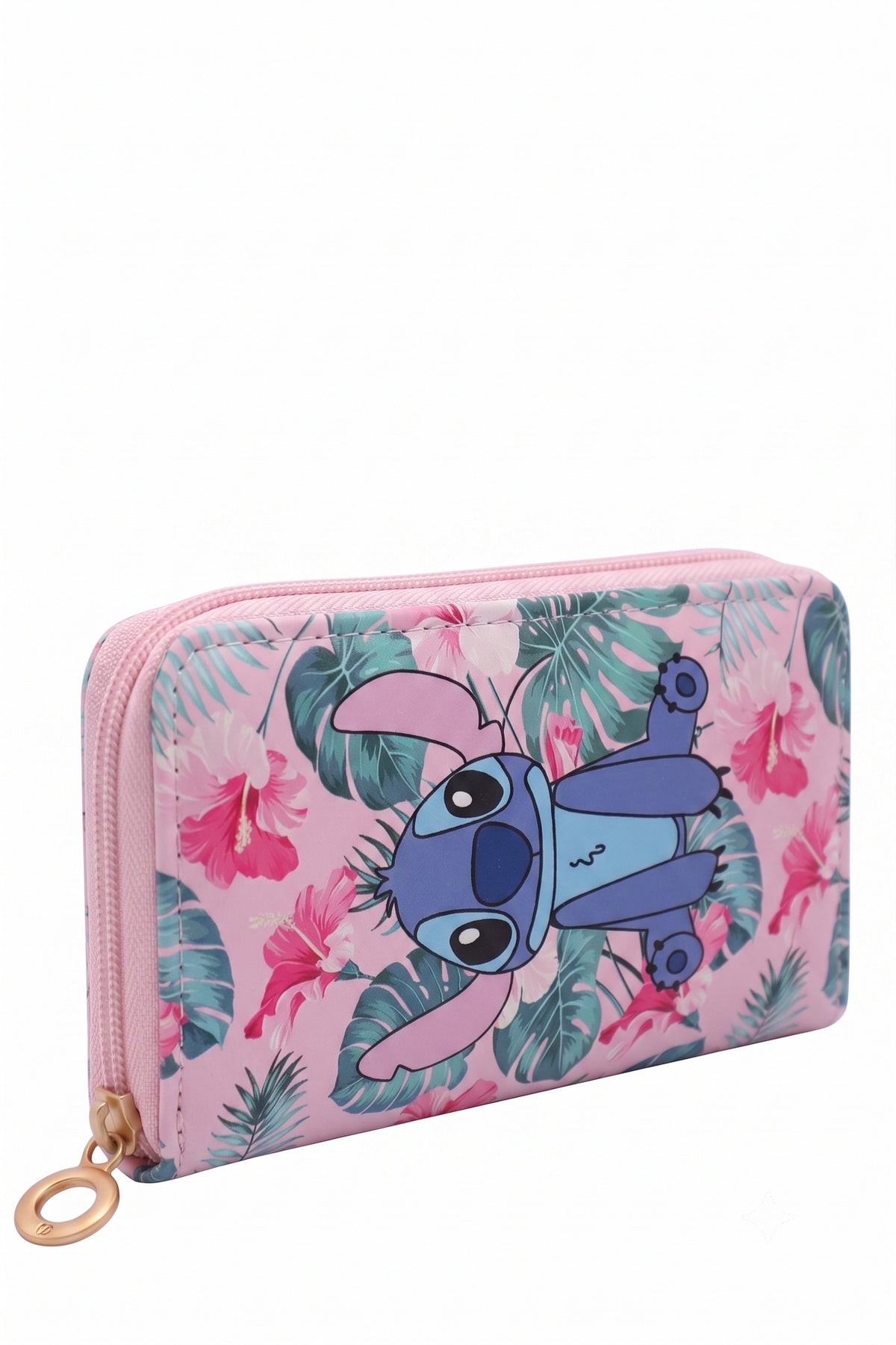 Portefeuille Fille Stitch Tropical Rose Pastel Hibiscus Simili Cuir Zip Dore 19x10cm Neuf