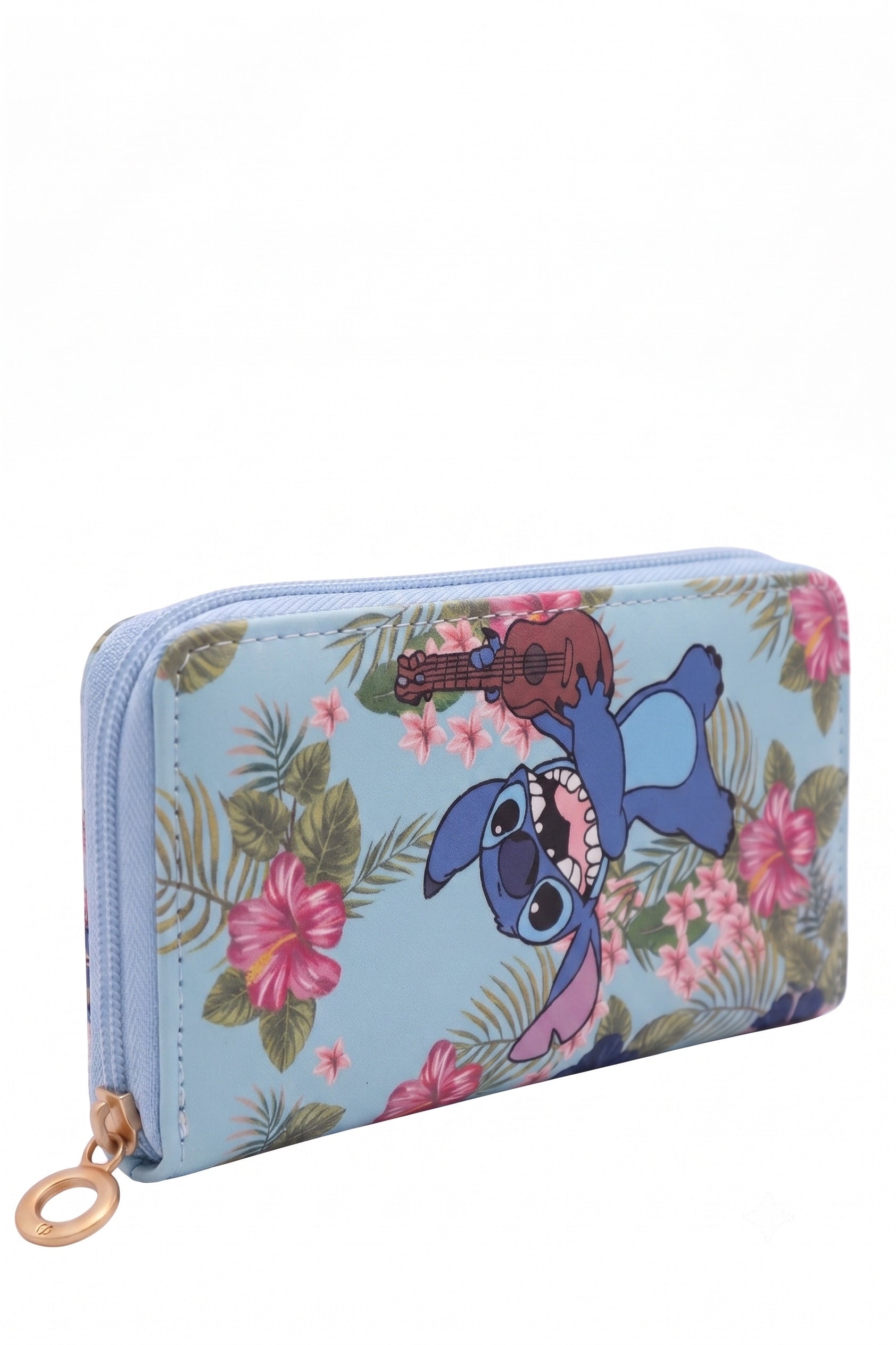 Grand Portefeuille Fille Stitch Ukulele Tropical Bleu Ciel Hibiscus Simili Cuir 19x10cm Neuf