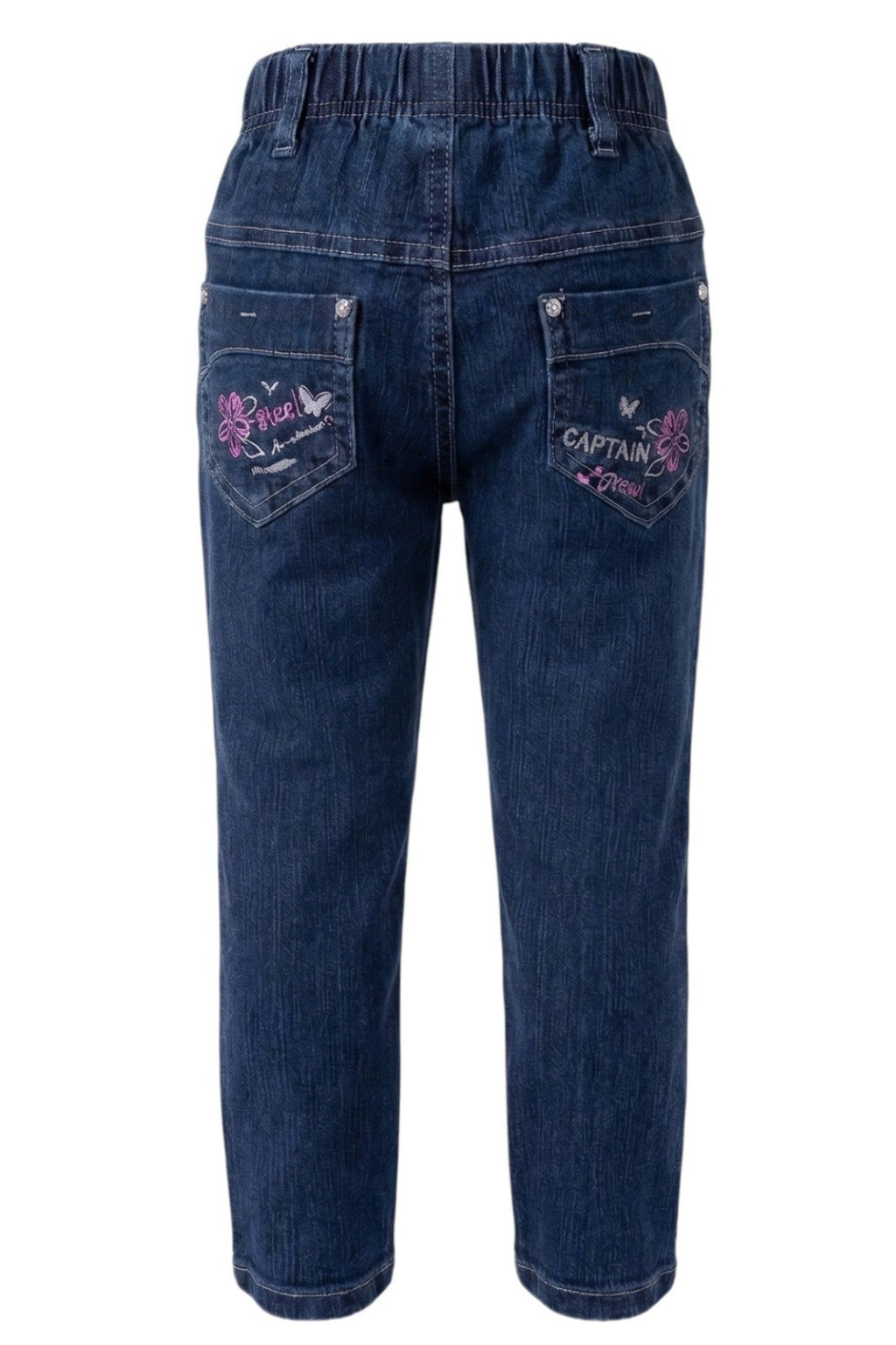 Jean Fille Stretch Bleu – Broderies Fleurs & Papillons au Dos – Ceinture Élastique – 18 mois à 8 ans – Neuf