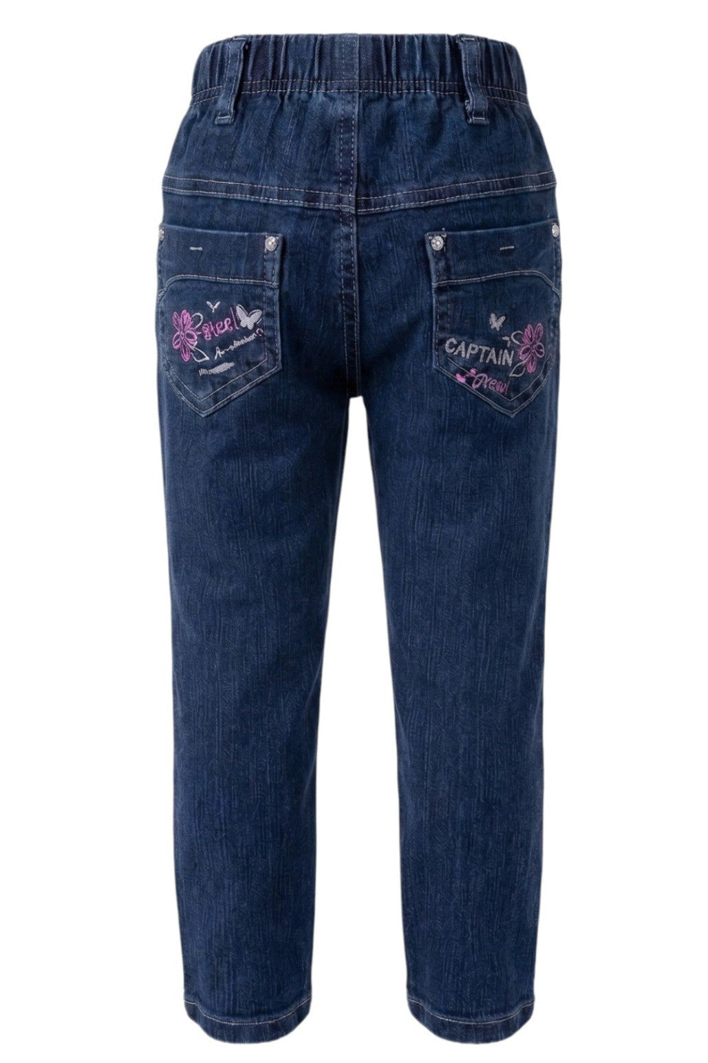 Jean Fille Stretch Bleu – Broderies Fleurs & Papillons au Dos – Ceinture Élastique – 18 mois à 8 ans – Neuf