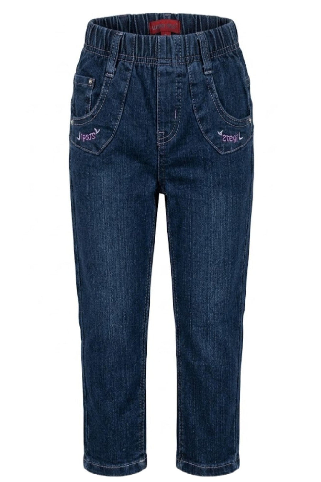 Jean Fille Stretch Bleu – Broderies Fleurs & Papillons au Dos – Ceinture Élastique – 18 mois à 8 ans – Neuf