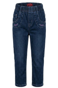 Jean Fille Stretch Bleu – Broderies Fleurs & Papillons au Dos – Ceinture Élastique – 18 mois à 8 ans – Neuf