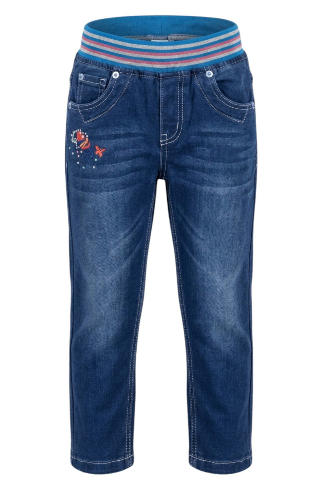 Jean Fille Stretch Bleu – Ceinture Élastique Rayée Multicolore – Broderie & Strass Devant – "LOVE" au Dos – 18 mois à 8 ans – Neuf