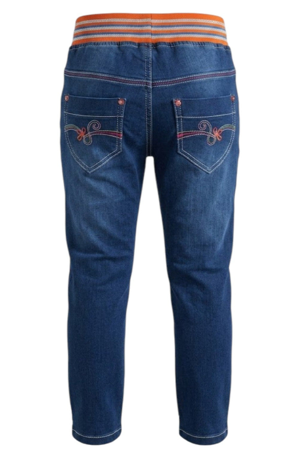 Jean Fille Stretch Bleu – Ceinture Élastique Rayée Orange – Broderie "Good Girls" & Arabesques au Dos – 18 mois à 8 ans – Neuf
