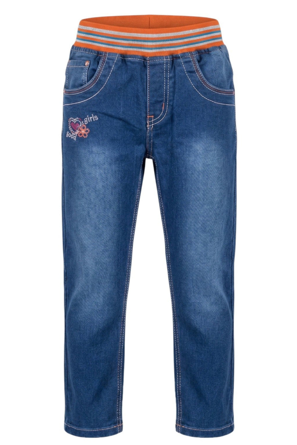 Jean Fille Stretch Bleu – Ceinture Élastique Rayée Orange – Broderie "Good Girls" & Arabesques au Dos – 18 mois à 8 ans – Neuf