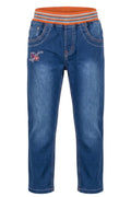 Jean Fille Stretch Bleu – Ceinture Élastique Rayée Orange – Broderie "Good Girls" & Arabesques au Dos – 18 mois à 8 ans – Neuf