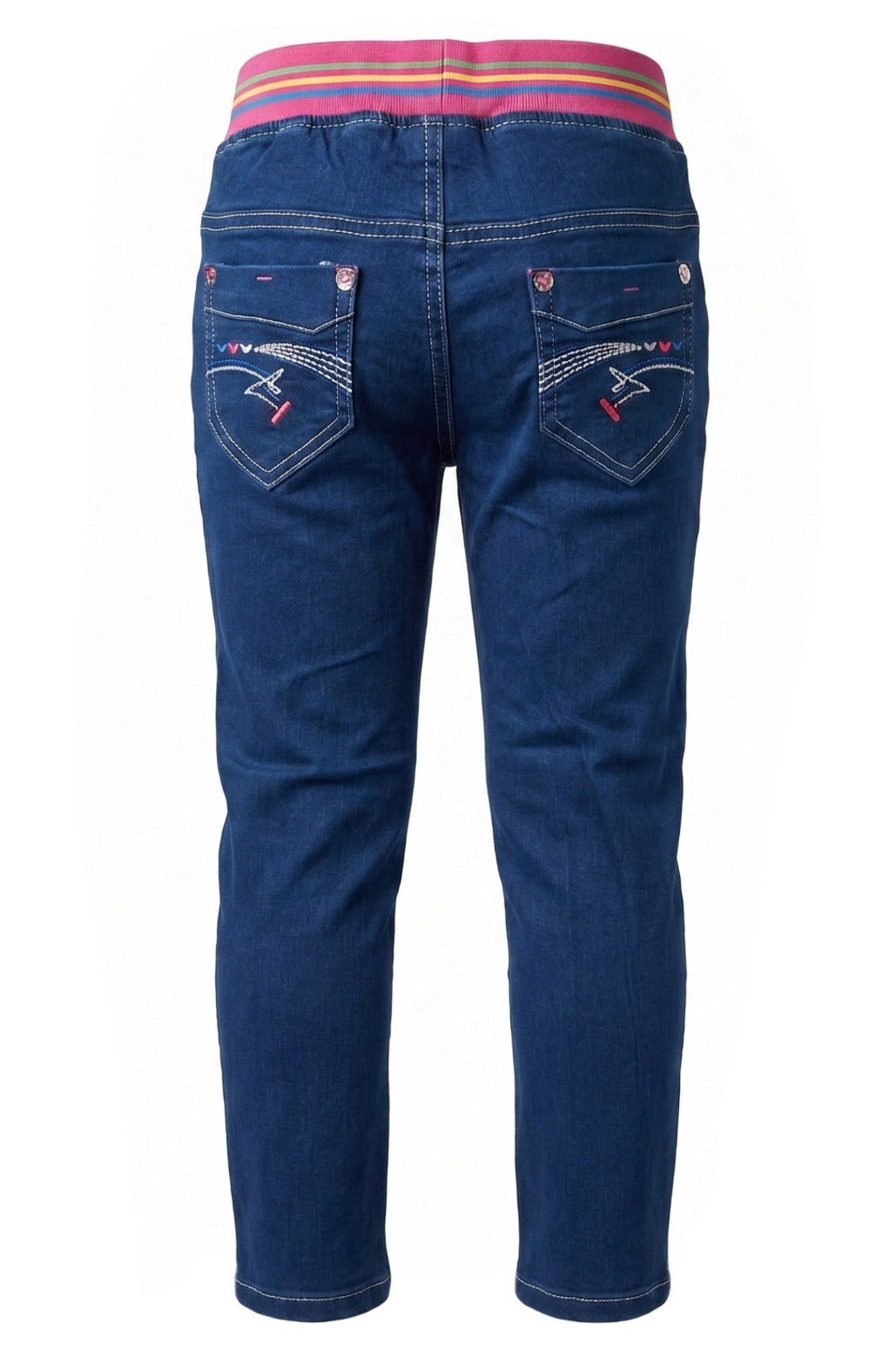 Jean Fille Stretch Bleu – Ceinture Élastique Rayée Rose – Broderie Couronne Strass & Poches Cœur – 18 mois à 8 ans – Neuf
