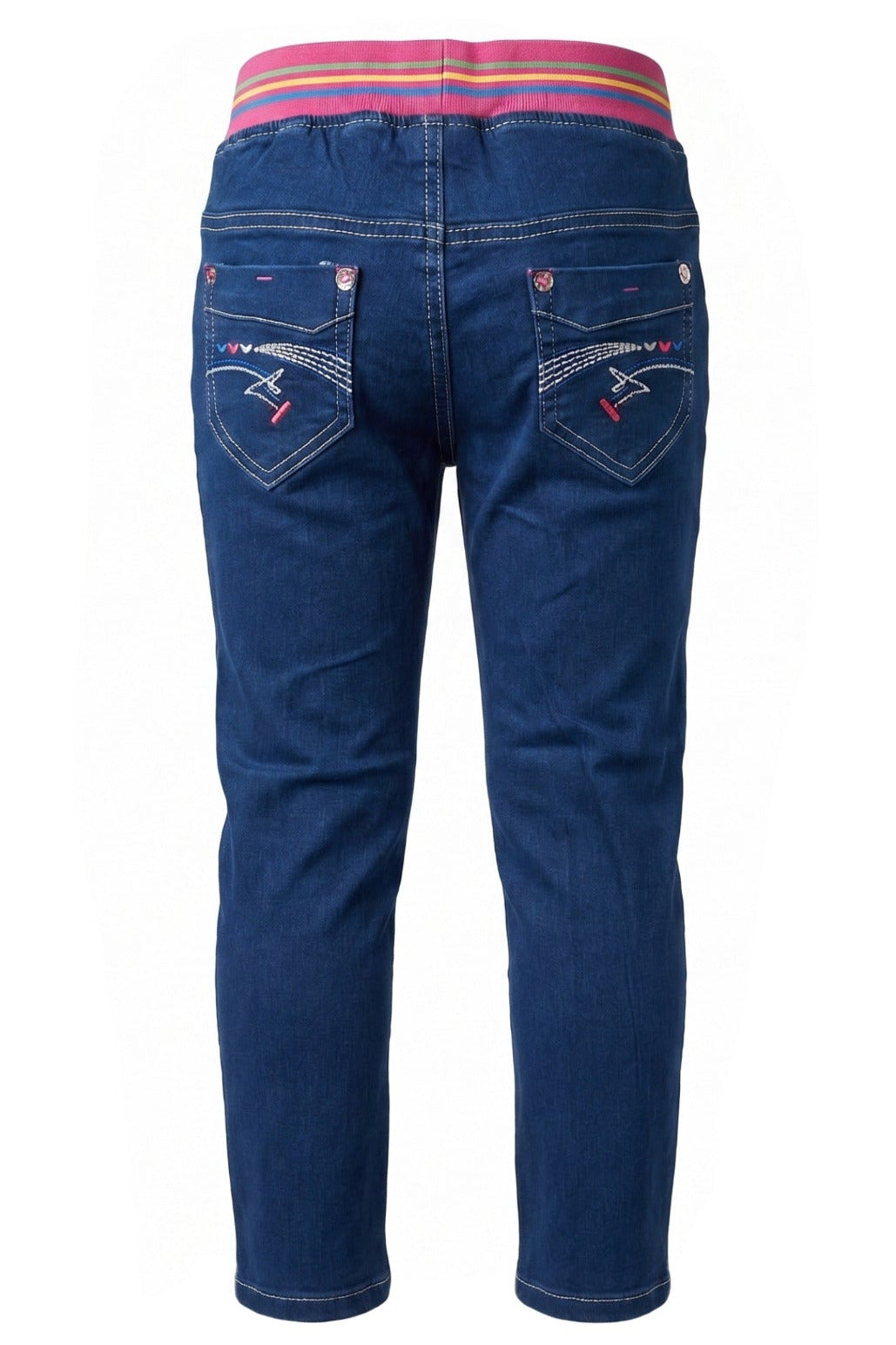 Jean Fille Stretch Bleu – Ceinture Élastique Rayée Rose – Broderie Couronne Strass & Poches Cœur – 18 mois à 8 ans – Neuf