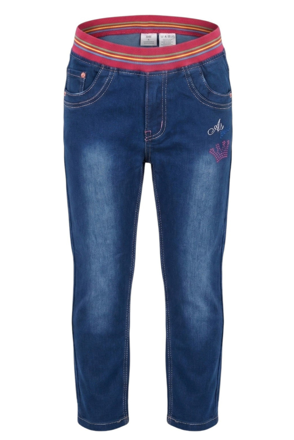 Jean Fille Stretch Bleu – Ceinture Élastique Rayée Rose – Broderie Couronne Strass & Poches Cœur – 18 mois à 8 ans – Neuf