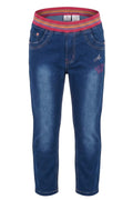 Jean Fille Stretch Bleu – Ceinture Élastique Rayée Rose – Broderie Couronne Strass & Poches Cœur – 18 mois à 8 ans – Neuf