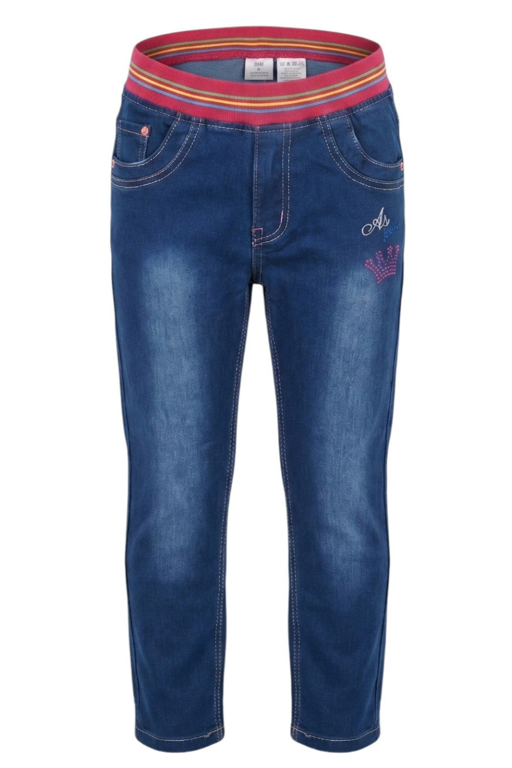 Jean Fille Stretch Bleu – Ceinture Élastique Rayée Rose – Broderie Couronne Strass & Poches Cœur – 18 mois à 8 ans – Neuf
