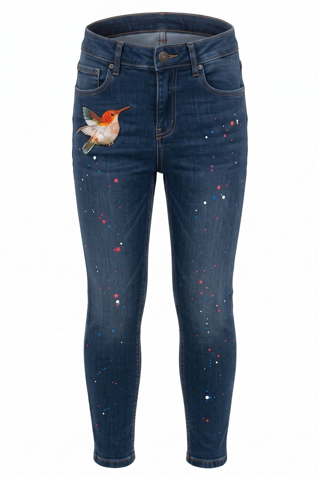 Jean Fille Bleu Foncé – Broderie Colibri & Éclaboussures Multicolores – Coupe Slim – 4 à 14 ans – Neuf