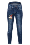 Jean Fille Bleu Fonce Broderie Colibri Eclaboussures Multicolores Coupe Slim 4-14 ans Neuf