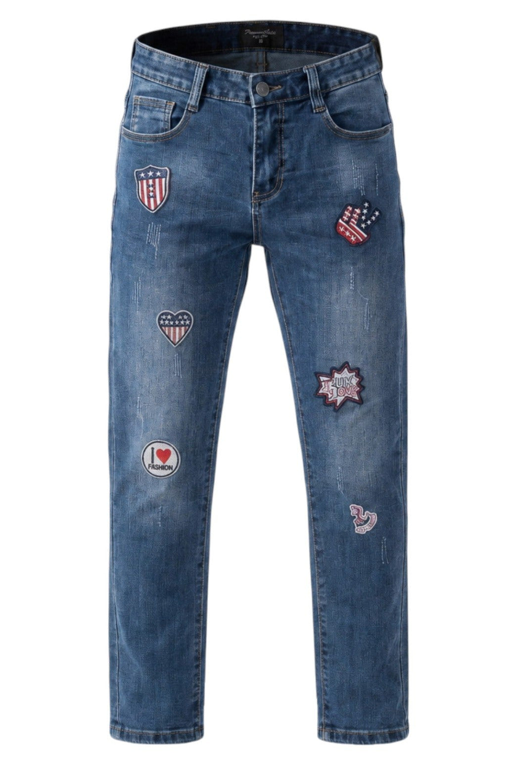 Jean Garçon Bleu – Patches Brodés Americains & Fashion – Ceinture Ajustable – 8 à 14 ans – Neuf