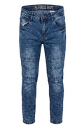 Jean Garçon Bleu – Style Biker & Surpiqûres aux Genoux – Effet Usé Dégradé – Ceinture Ajustable – 8 à 16 ans – Neuf
