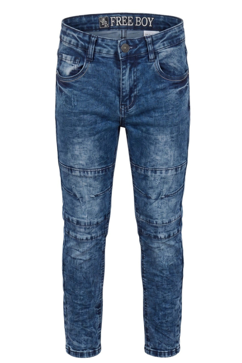 Jean Garçon Bleu – Style Biker & Surpiqûres aux Genoux – Effet Usé Dégradé – Ceinture Ajustable – 8 à 16 ans – Neuf