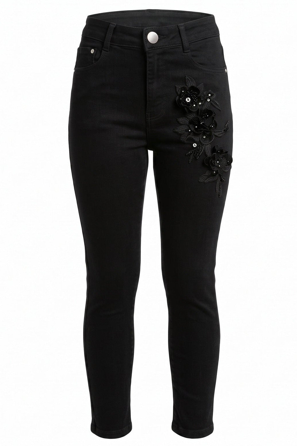 Jean Fille Noir – Appliqués Fleurs 3D en Velours & Strass – Coupe Slim – 4 à 14 ans – Neuf