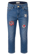 Jean Fille Denim Bleu – 3 Patchs Brodés (Étoile Sequins, Love, I ❤) – Bouton Doré – 4 à 14 ans – Neuf